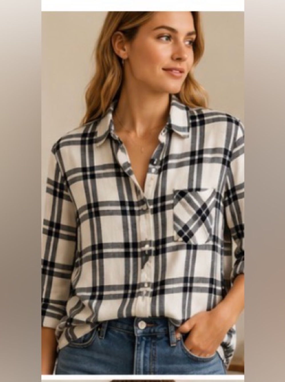 Rails Hunter Plaid Button Up Shirt Black Ivory Gray Size M